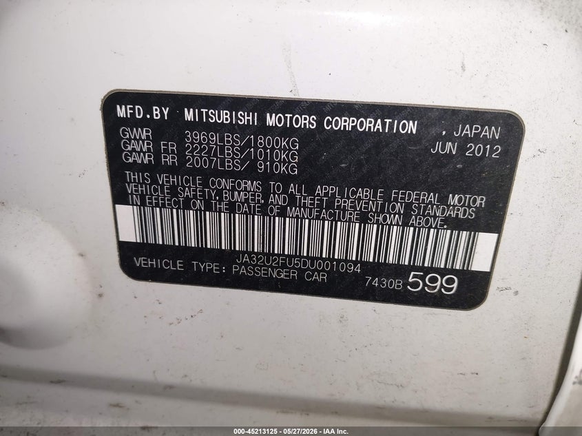 2013 Mitsubishi Lancer Es VIN: JA32U2FU5DU001094 Lot: 45213125