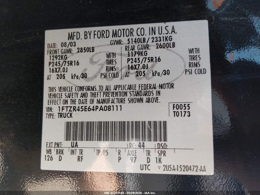 2004 Ford Ranger Edge/Tremor/Xlt VIN: 1FTZR45E64PA08111 Lot: 45213148