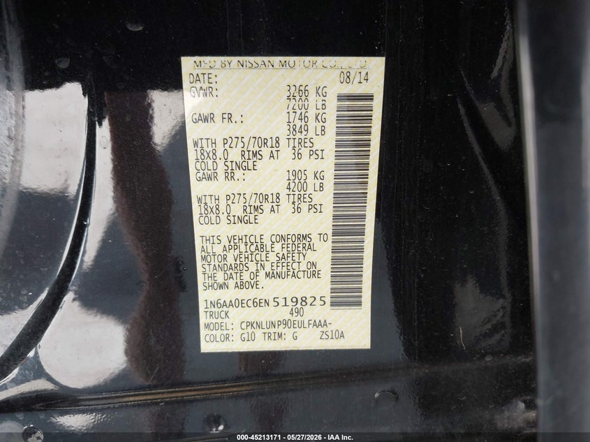 2014 Nissan Titan Pro-4X VIN: 1N6AA0EC6EN519825 Lot: 45213171
