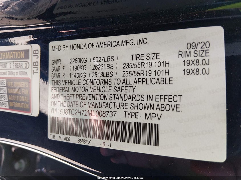 2021 Acura Rdx Advance Package/Pmc Edition VIN: 5J8TC2H72ML008737 Lot: 45213200