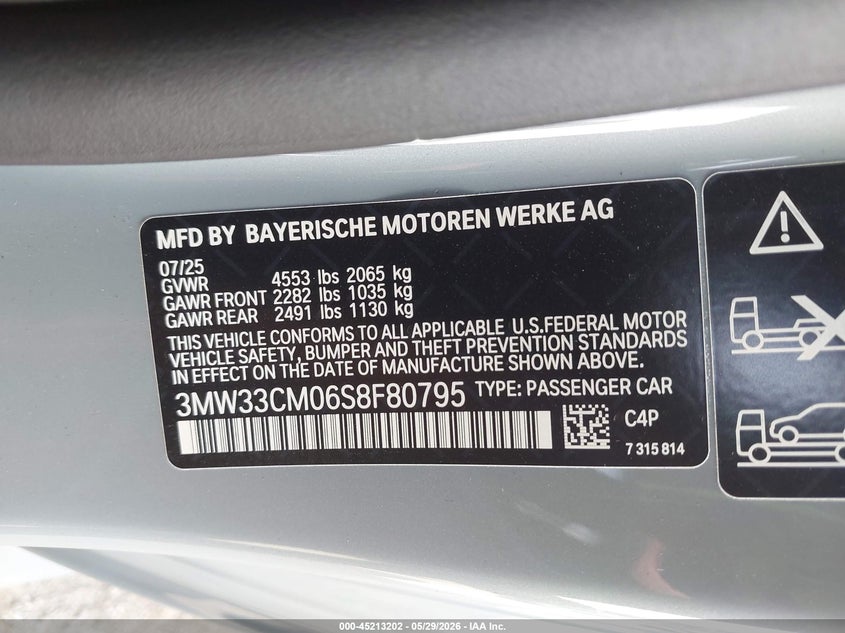 2025 BMW 230I xDrive VIN: 3MW33CM06S8F80795 Lot: 45213202