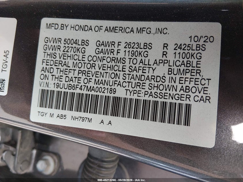 2021 Acura Tlx Technology Package VIN: 19UUB6F47MA002189 Lot: 45213266