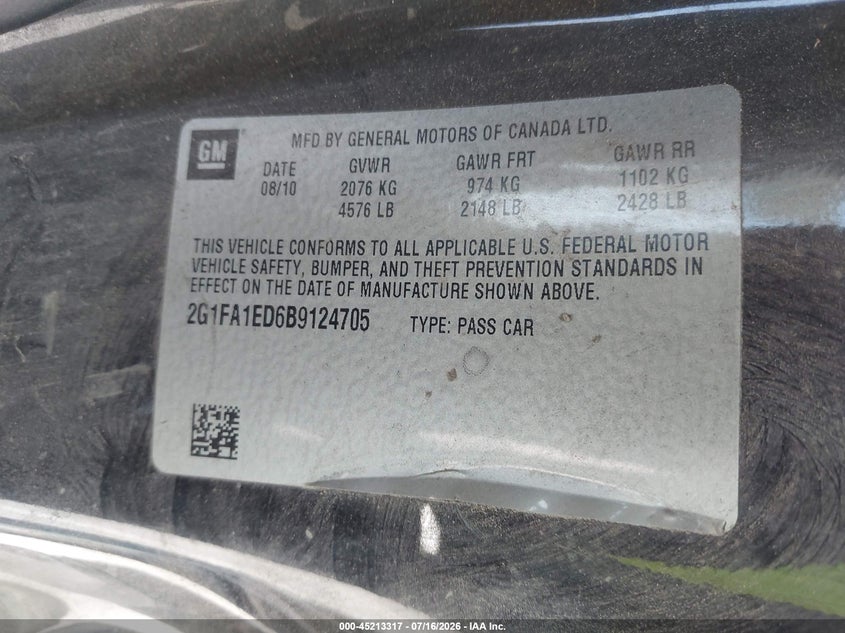 2011 Chevrolet Camaro 2Ls VIN: 2G1FA1ED6B9124705 Lot: 45213317