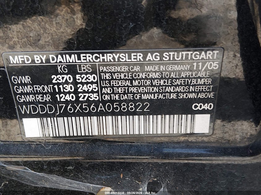 2006 Mercedes-Benz Cls 55 Amg VIN: WDDDJ76X56A058822 Lot: 45213338