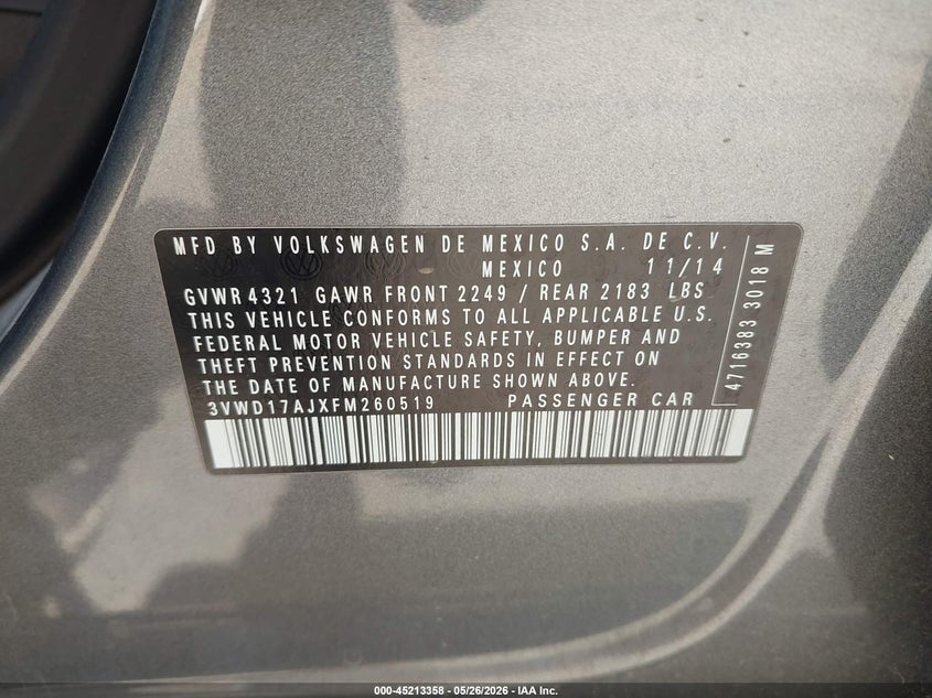 2015 Volkswagen Jetta 1.8T Se VIN: 3VWD17AJXFM260519 Lot: 45213358