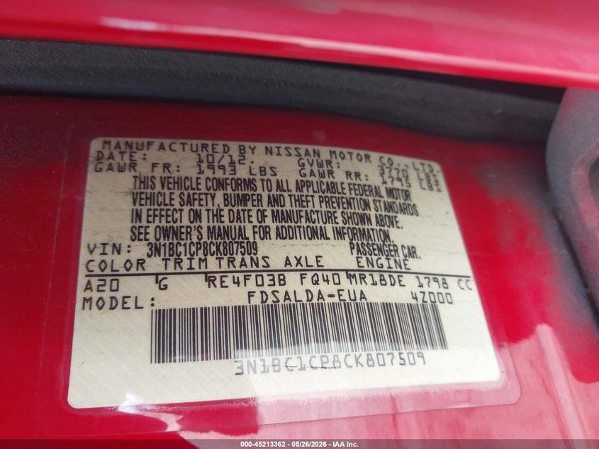 2012 Nissan Versa 1.8 1.8 S red Lot 111045213362 Vin 3N1BC1CP8CK807509