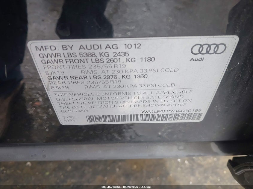 2013 AUDI Q5 SPORT UTILITY VEHICLE 2.0L I-4 DI, DOHC, VVT, TURBO, 211HP