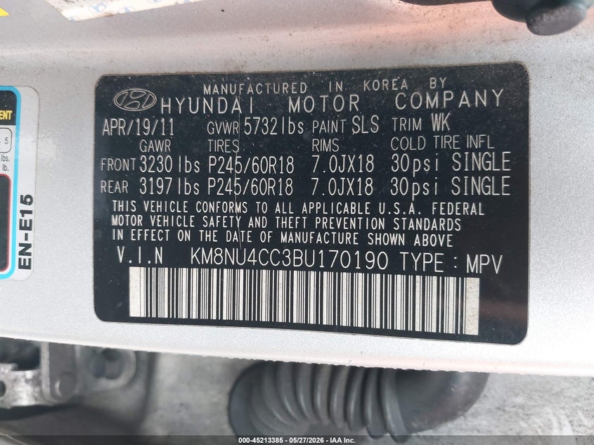 2011 Hyundai Veracruz Limited VIN: KM8NU4CC3BU170190 Lot: 45213385
