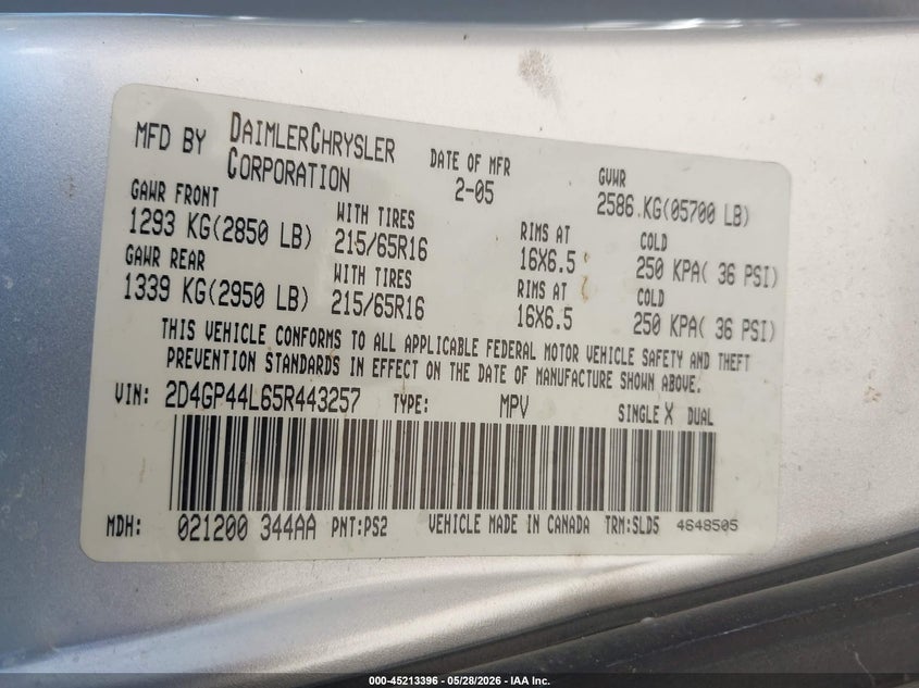 2005 Dodge Grand Caravan Sxt VIN: 2D4GP44L65R443257 Lot: 45213396