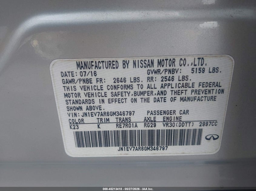 2016 Infiniti Q50 3.0T Premium VIN: JN1EV7AR6GM346797 Lot: 45213418