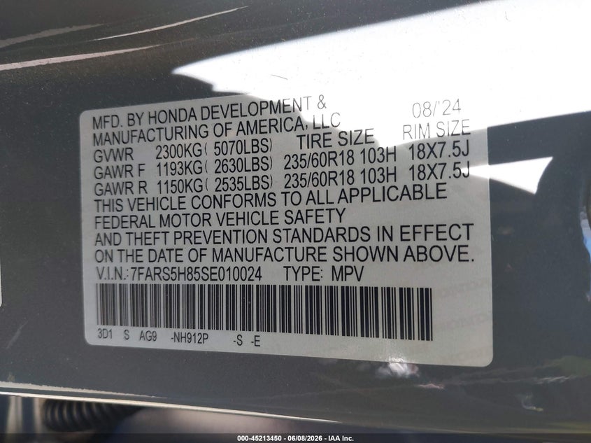 2025 HONDA CR-V HYBRID 2.0L I-4 DI, DOHC, V(VIN: 7FARS5H85SE010024