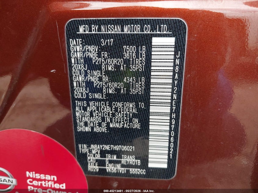 2017 Nissan Armada Platinum VIN: JN8AY2NE7H9706021 Lot: 45213461