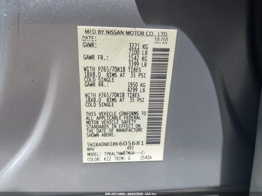 2011 Nissan Armada Sv VIN: 5N1BA0ND1BN605681 Lot: 45213598