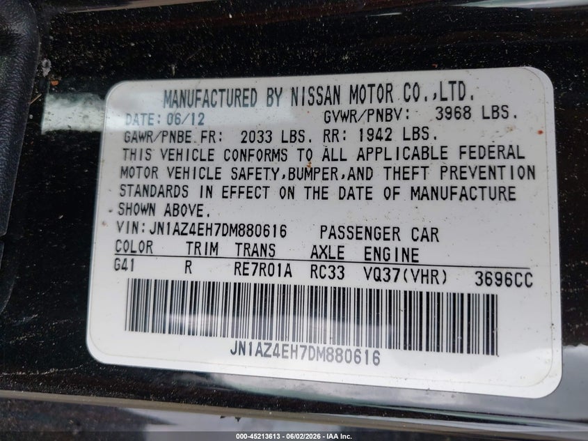 2013 Nissan 370Z Touring VIN: JN1AZ4EH7DM880616 Lot: 45213613