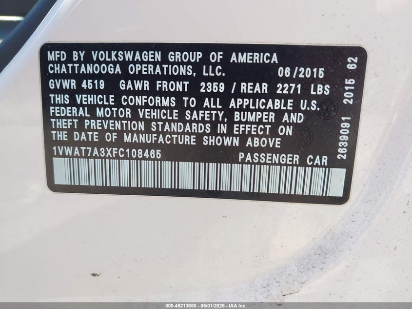 2015 Volkswagen Passat 1.8T Limited Edition VIN: 1VWAT7A3XFC108465 Lot: 45213650