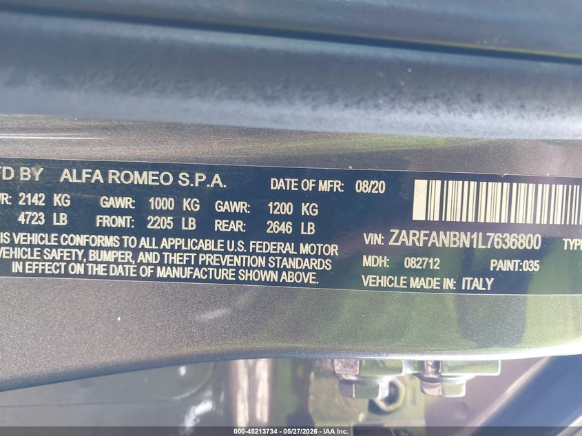 2020 Alfa Romeo Giulia Ti Awd VIN: ZARFANBN1L7636800 Lot: 45213734