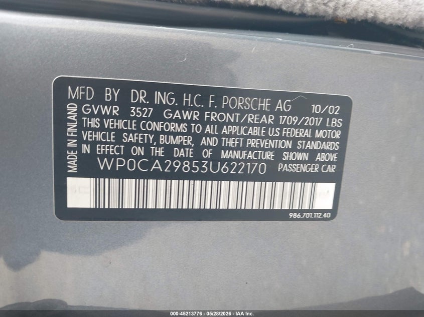 2003 Porsche Boxster VIN: WP0CA29853U622170 Lot: 45213776