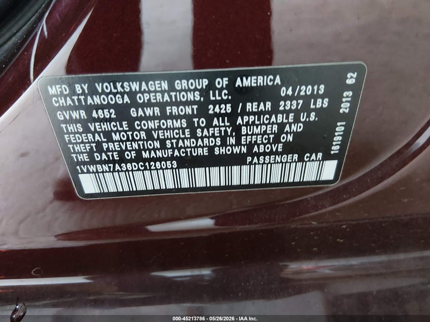 2013 Volkswagen Passat 2.0L Tdi Se VIN: 1VWBN7A36DC126053 Lot: 45213786