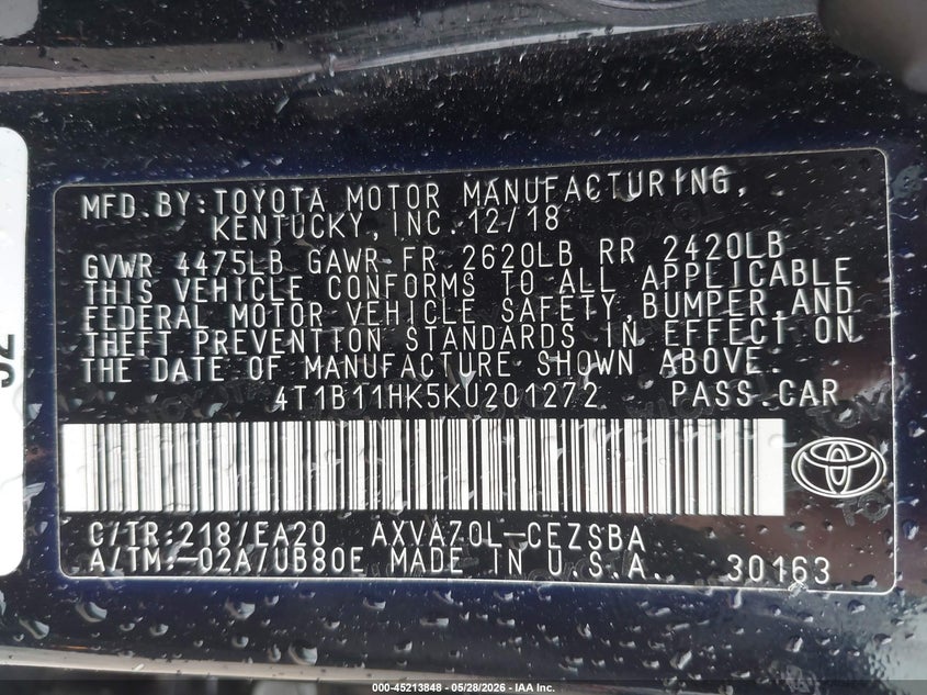 VIN 4T1B11HK5KU201272 2019 TOYOTA CAMRY SE