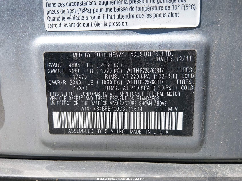 2012 Subaru Outback 2.5 2.5i Limited Silver Lot 111045213862 Vin 4S4BRBKC9C3243614
