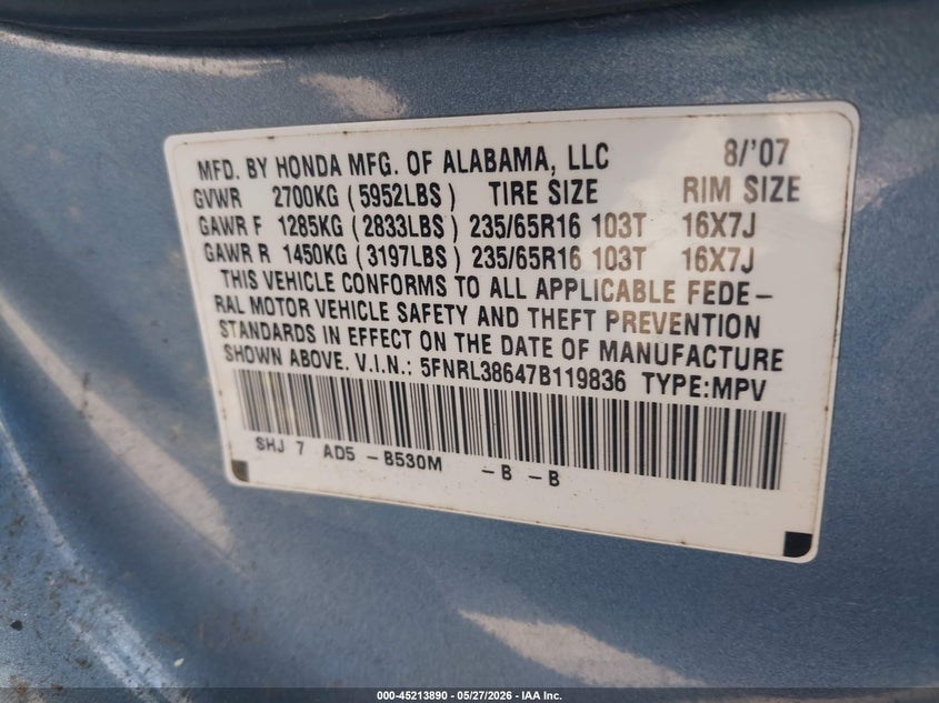 2007 Honda Odyssey Ex-L VIN: 5FNRL38647B119836 Lot: 45213890