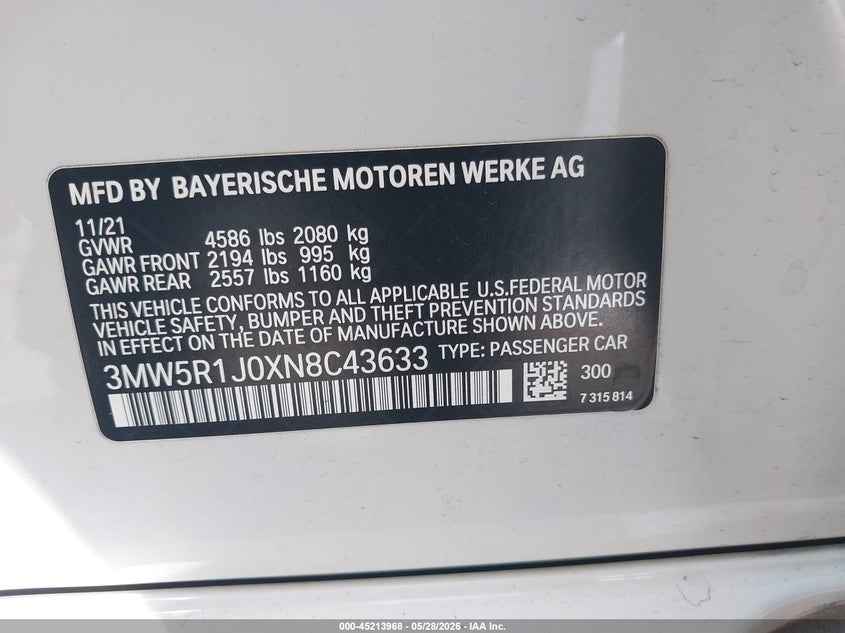 2022 BMW 330I VIN: 3MW5R1J0XN8C43633 Lot: 45213968