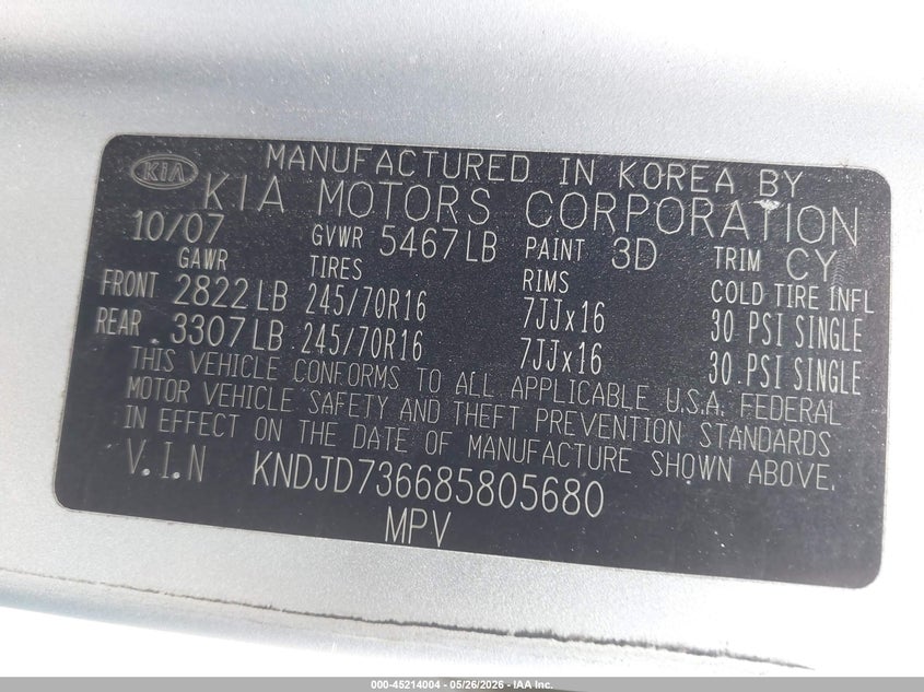 2008 Kia Sorento Ex VIN: KNDJD736685805680 Lot: 45214004