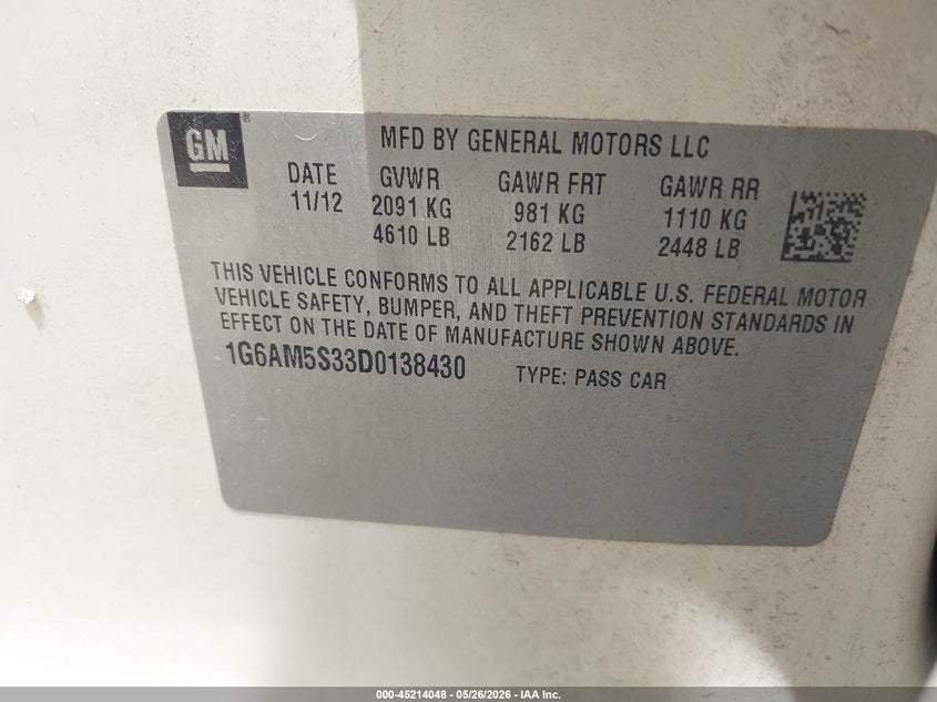 2013 Cadillac Ats Premium VIN: 1G6AM5S33D0138430 Lot: 45214048