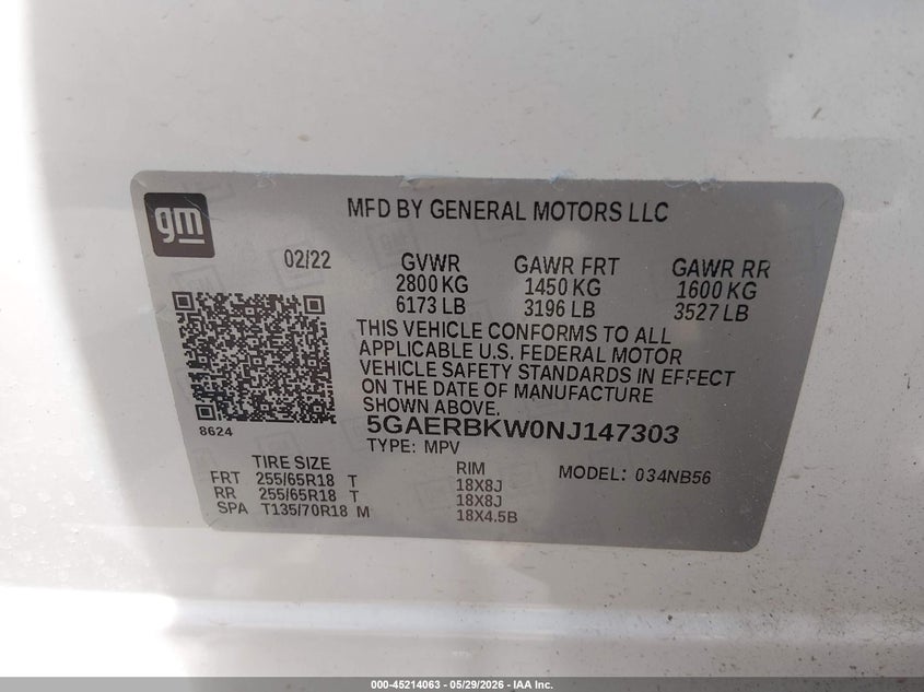 2022 Buick Enclave Fwd Essence VIN: 5GAERBKW0NJ147303 Lot: 45214063