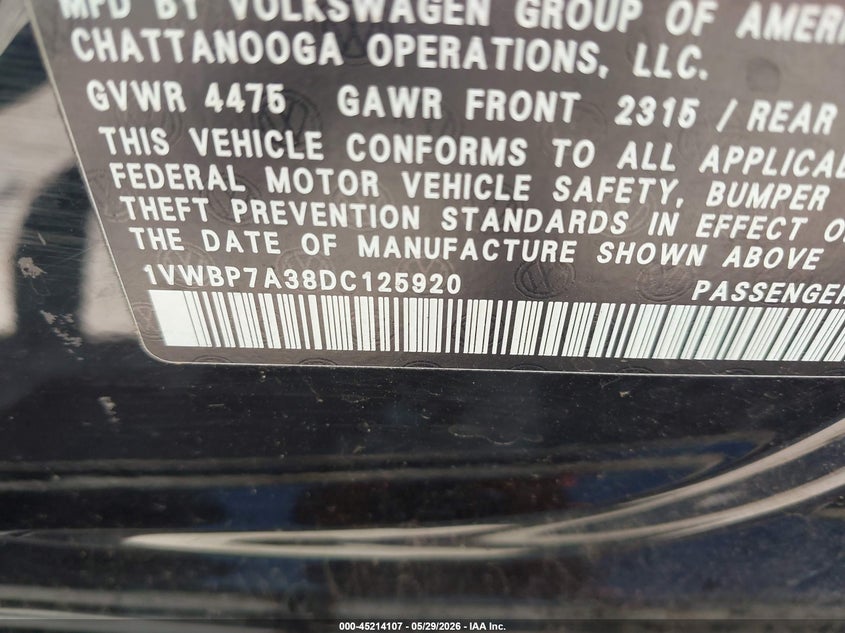 2013 Volkswagen Passat 2.5L Se VIN: 1VWBP7A38DC125920 Lot: 45214107