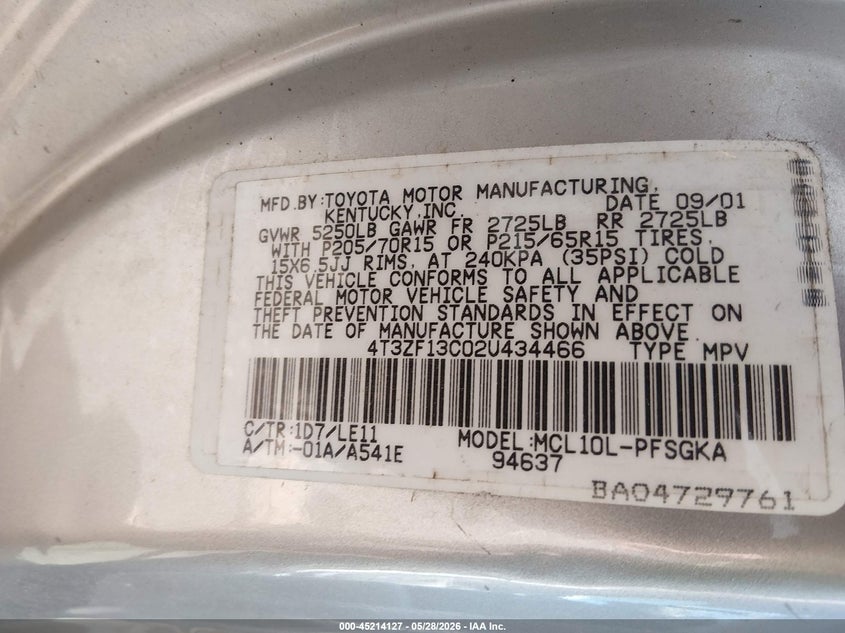 2002 Toyota Sienna Xle VIN: 4T3ZF13C02U434466 Lot: 45214127