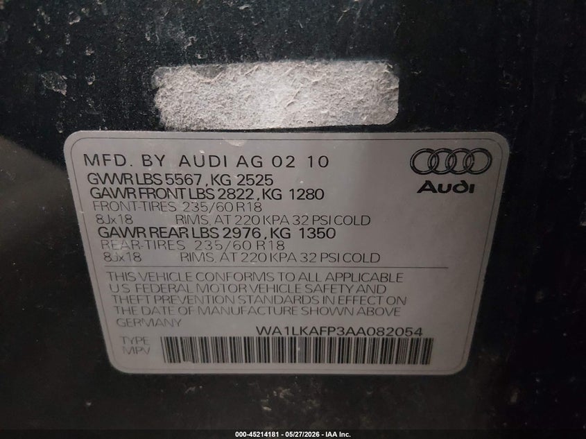 2010 Audi Q5 3.2 3.2 Premium grey Lot 111045214181 Vin WA1LKAFP3AA082054