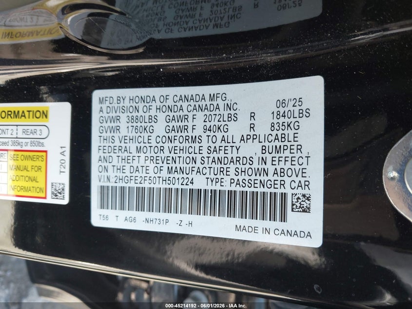 2026 HONDA CIVIC SEDAN 2.0L I-4 DI, DOHC, VVT, 150HP