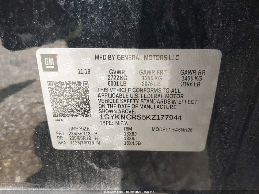 2019 Cadillac Xt5 Luxury VIN: 1GYKNCRS5KZ177944 Lot: 45214206