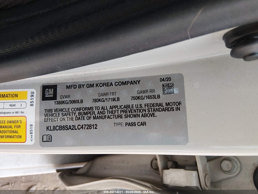 2020 Chevrolet Spark Fwd Ls Automatic VIN: KL8CB6SA2LC472812 Lot: 45214221