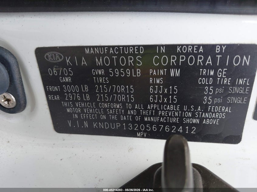 2005 Kia Sedona Ex/Lx VIN: KNDUP132056762412 Lot: 45214283
