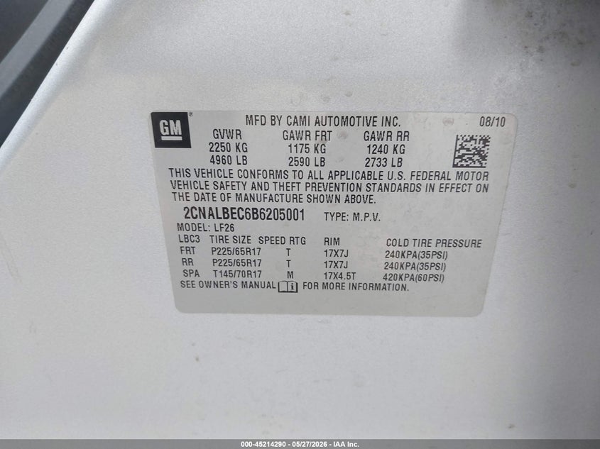 2011 Chevrolet Equinox 2.4 Ls silver Lot 111045214290 Vin 2CNALBEC6B6205001
