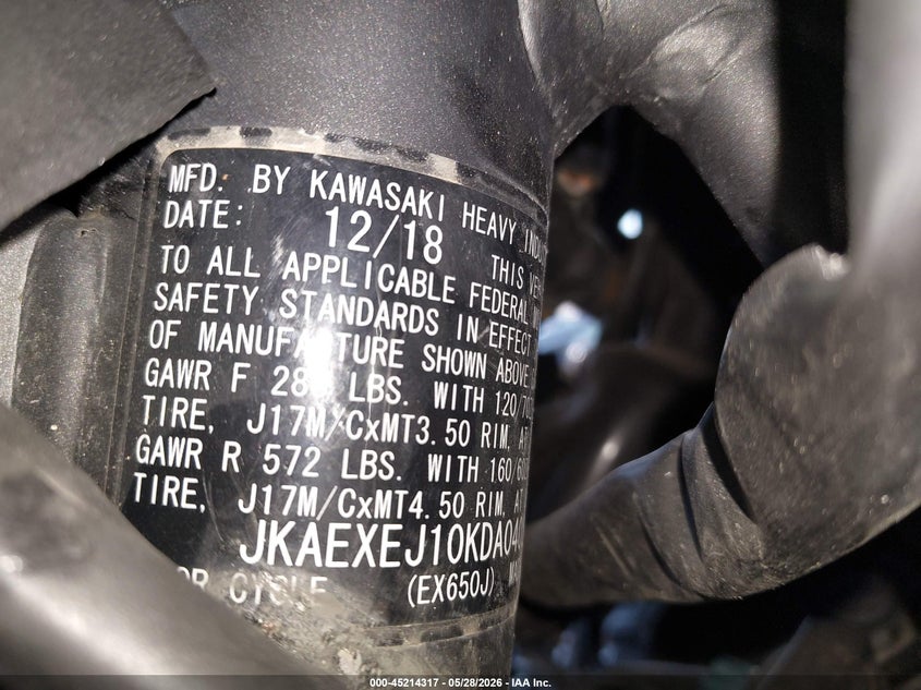 2019 Kawasaki Ex650 J VIN: JKAEXEJ10KDA04029 Lot: 45214317