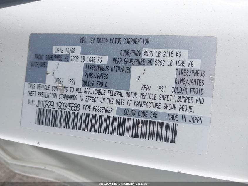 2009 Mazda Mazda5 Sport VIN: JM1CR29L190345658 Lot: 45214366