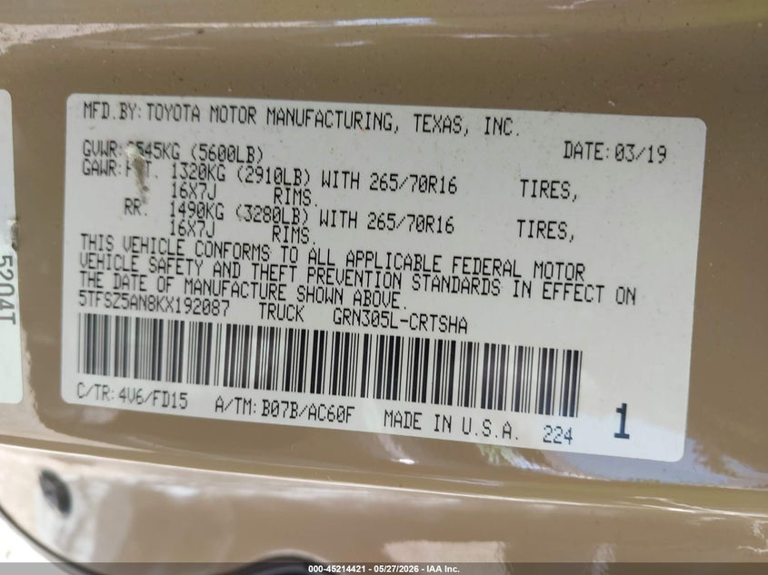 VIN 5TFSZ5AN8KX192087 2019 TOYOTA TACOMA TRD OFF ROAD