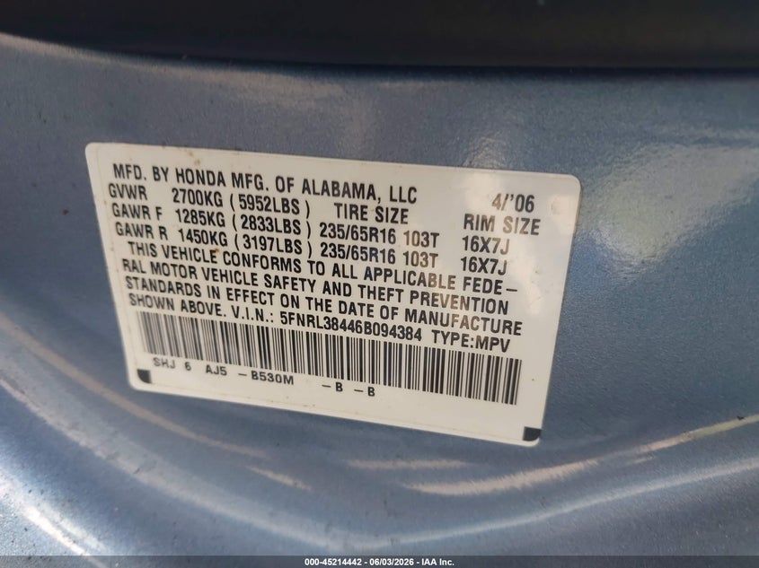 2006 Honda Odyssey Ex VIN: 5FNRL38446B094384 Lot: 45214442
