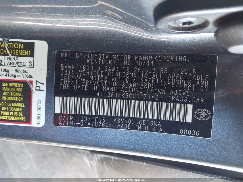 2012 TOYOTA CAMRY SEDAN 2.5L I-4 DOHC, VVT, 173HP