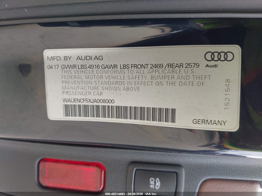 2018 Audi A5 2.0T Premium VIN: WAUENCF5XJA008000 Lot: 45214463
