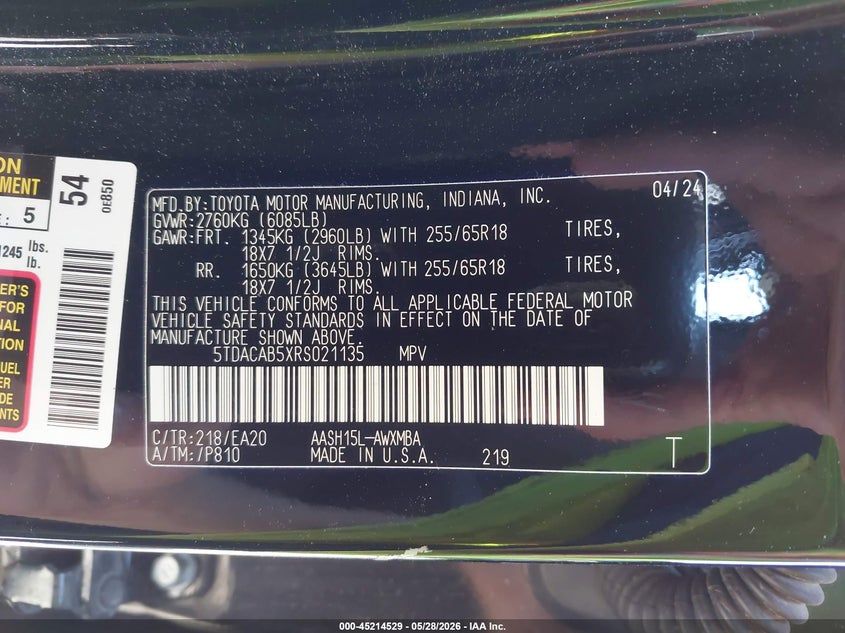 VIN 5TDACAB5XRS021135 2024 TOYOTA GRAND HIGHLANDER HYBRID XLE