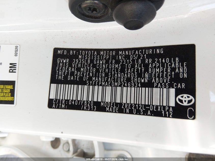 VIN 5YFEPMAE0MP246934 2021 TOYOTA COROLLA LE