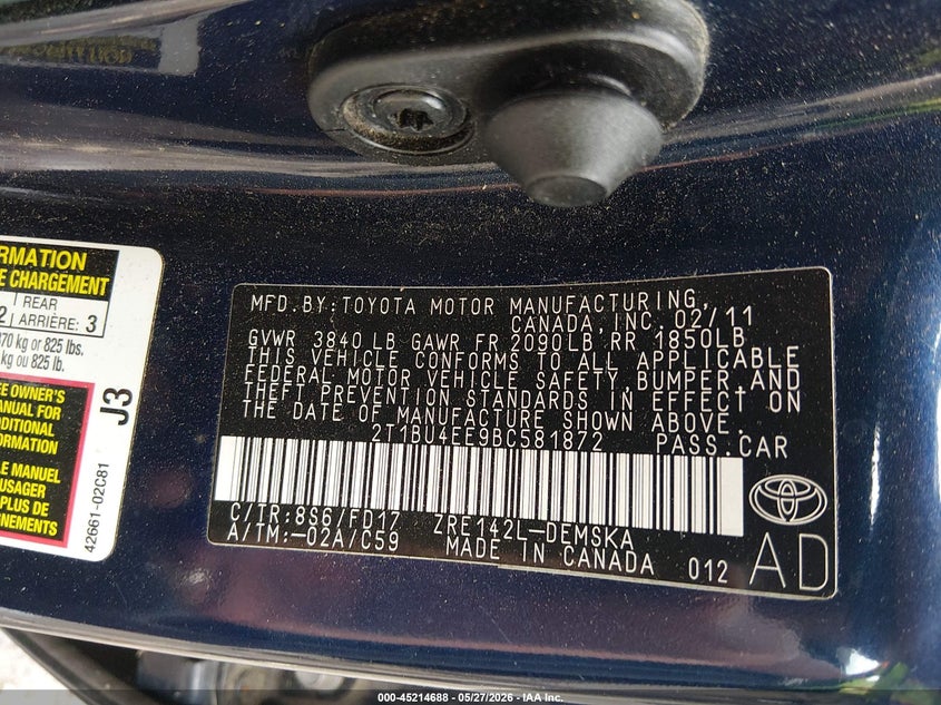 2011 Toyota Corolla 1.8 S Blue Lot 111045214688 Vin 2T1BU4EE9BC581872