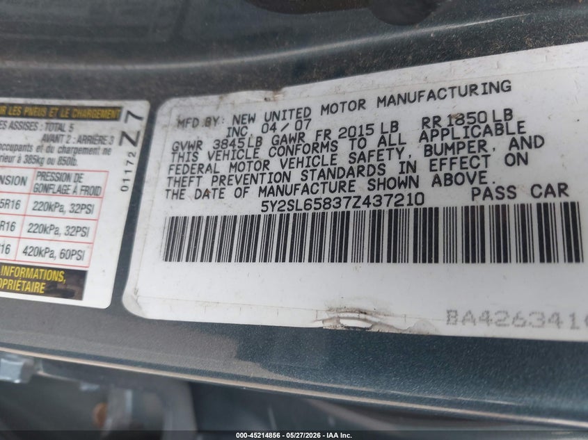 2007 Pontiac Vibe VIN: 5Y2SL65837Z437210 Lot: 45214856