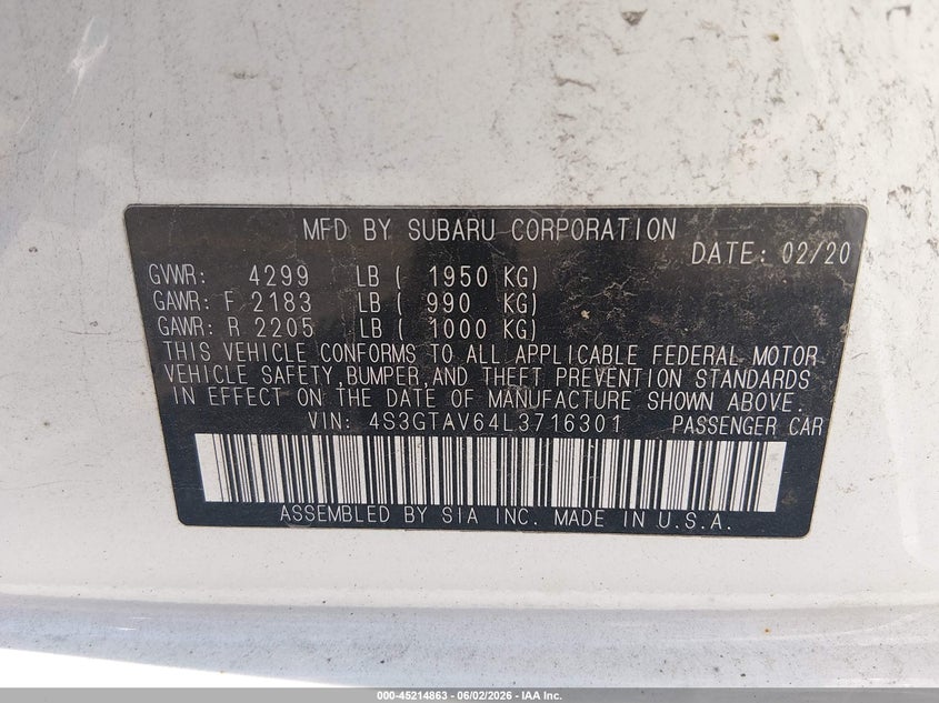 2020 Subaru Impreza Premium 5-Door VIN: 4S3GTAV64L3716301 Lot: 45214863