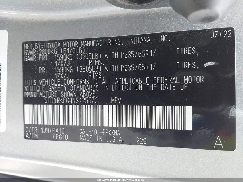 2022 Toyota Sienna Xle VIN: 5TDYRKEC1NS125570 Lot: 45214943