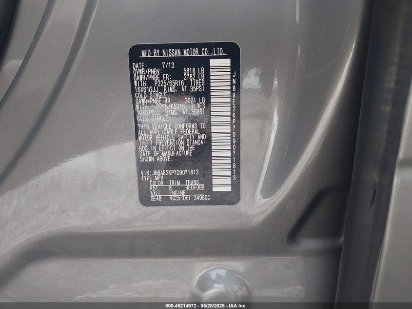 2013 Nissan Quest S VIN: JN8AE2KP7D9071813 Lot: 45214972